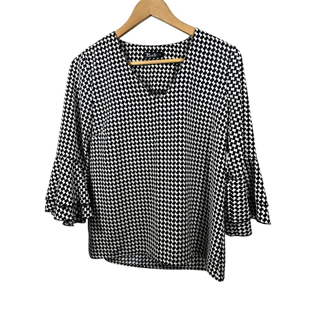 BALI Women's Houndstooth Print Statement Sleeve Blouse Black Size Petite Small